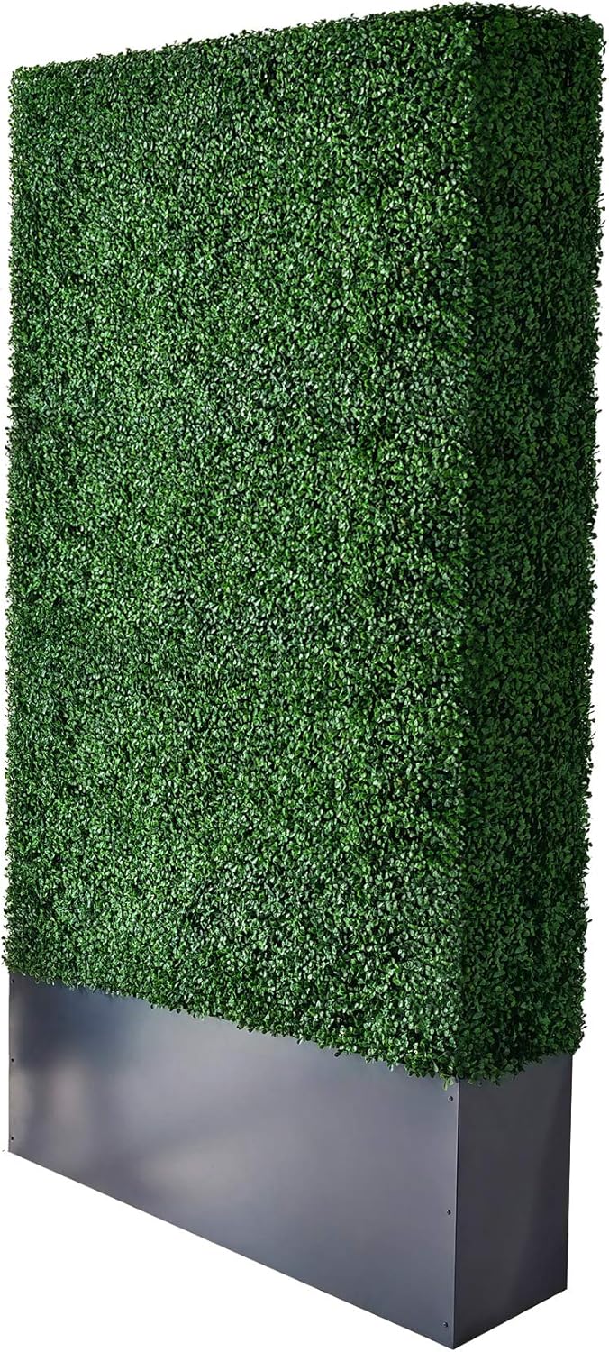 AGPL Upgraded Artificial Boxwood Hedge Wall with Dark Gray Stainless Steel Planter Box (79" Height 48" Width 12" Deep) Room Divider and Privacy Wall (79)