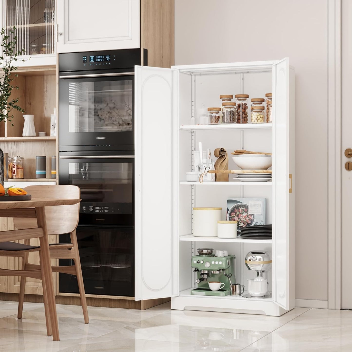 Kitchen Pantry Cabinet,60”Metal White Storage Cabinets with Doors and Shelves,Tall Cabinet with 2 Gold Hands for Dinning Room,Living Room
