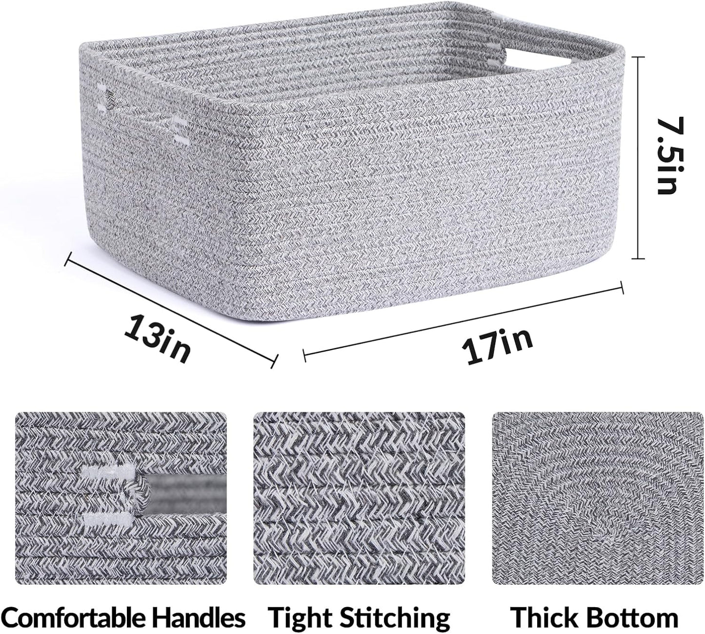 Large Storage Baskets for Organizing, Closet Shelf Baskets for Clothes Blanket Towels, Baby Nursery, Toy Bins Box, Woven Rope Baskets, 17 x 13 x 7.5”, 4 Packs Mixed Grey