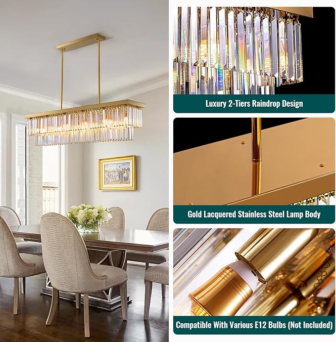 Siljoy 12-Light Modern Crystal Chandelier Gold Rectangular K9 Crystal Raindrop Chandelier, Luxury 2-Tiers Adjustable Ceiling Pendant Light Fixture for Dining Room Kitchen Island, L47'' x W10'' x H10''