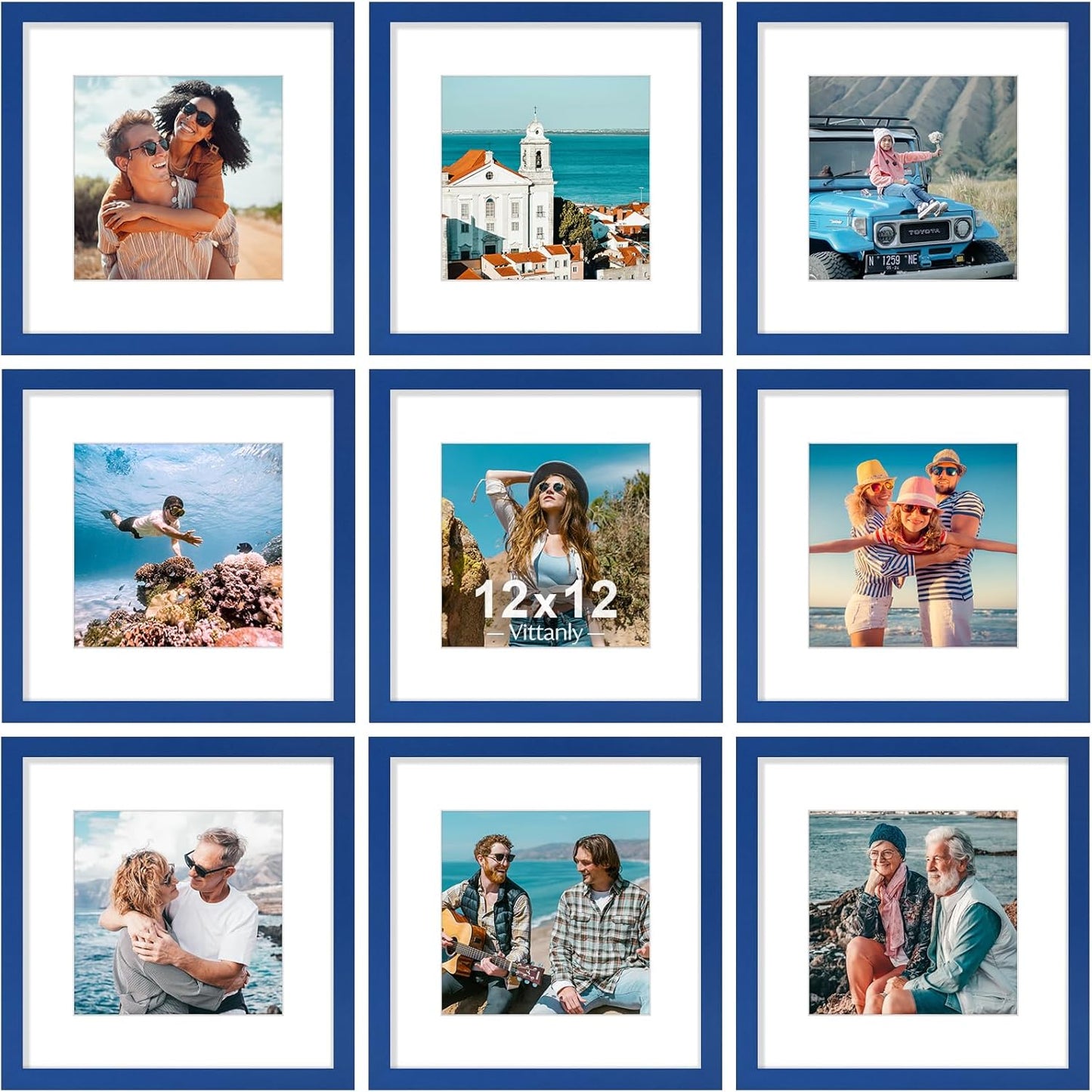 Vittanly 12x12 Picture Frame Set of 9 - Display 8x8 Photos with Mat or 12x12 Without Mat, Wall Mount Frames for Home Decor, Horizontal or Vertical (Blue)