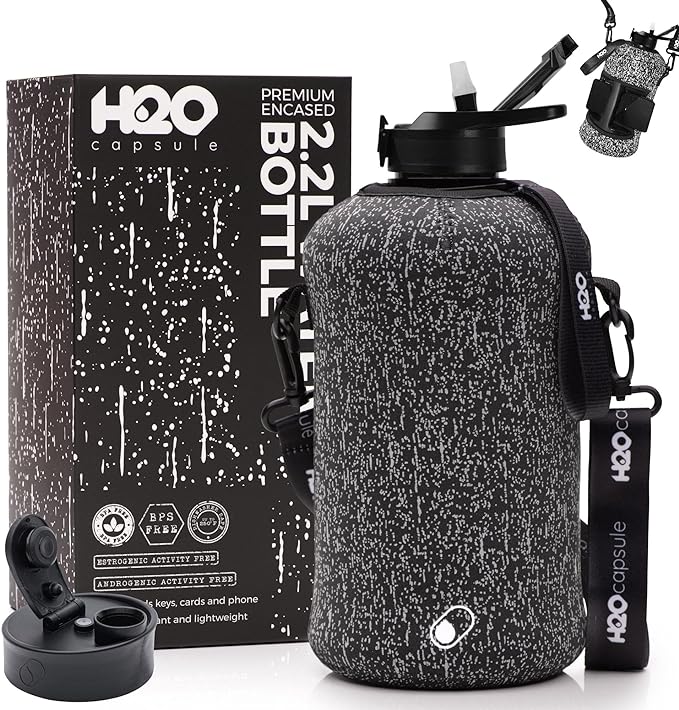H2O Capsule 2.2L Half Gallon Water Bottle with Storage Sleeve and Covered Straw Lid – BPA Free Large Reusable Drink Container with Handle - Big Sports Jug, 2.2 Liter (74 Ounce)