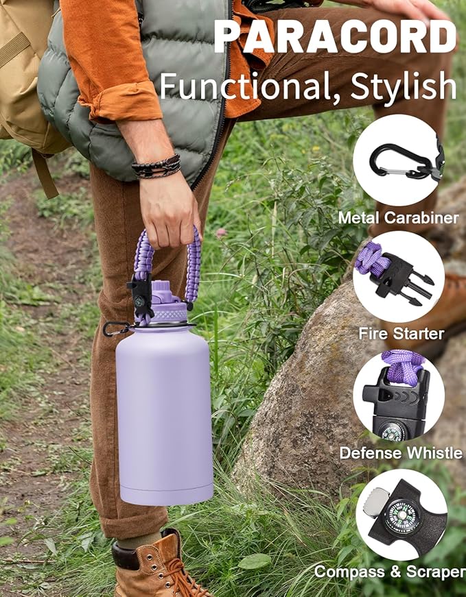 Half Gallon Water Bottle Insulated - 64 oz Water Bottle with Carrying Sleeve, Paracord Handle, Straw Spout Lid, Leak-proof Metal Hydro Jug for Workout Sport Hiking Gym, Purple Big Flask Thermo