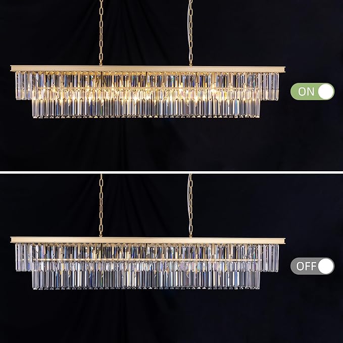 Wellmet Gold Chandelier 57 inch, 13-Light Modern Rectangular Crystal Chandelier Ceiling Hanging, Linear Chandeliers Light Fixture for Living Room, Dining Room, Bedroom, Kitchen Island