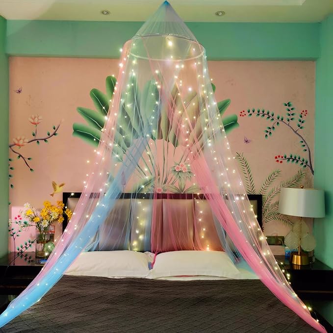 Eimilaly Two-Tone Bed Canopy Mosquito Net Pink Blue, Bed Canopy for Girls Room Decor - Insect Protection Hanging Canopy for Adults, Babies, Single Door