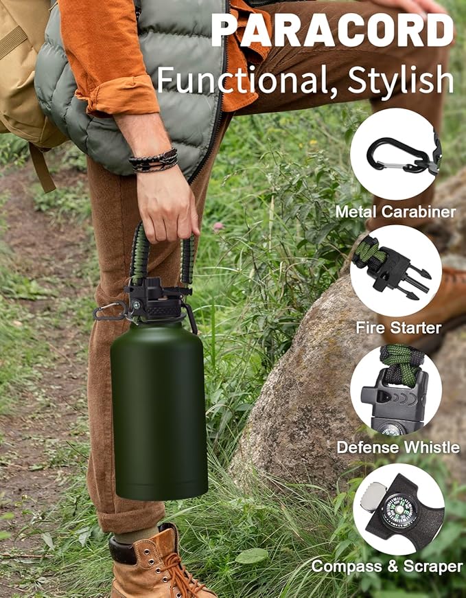 Half Gallon Water-Bottle with Straw - Pop-up Chug Lid (Cold 48H & Hot 24H) 64oz Insulated Water Bottle Flask with Sleeve Strap, Paracord Handle, Bottle Boot, Pink Stainless Steel Metal Water Jug