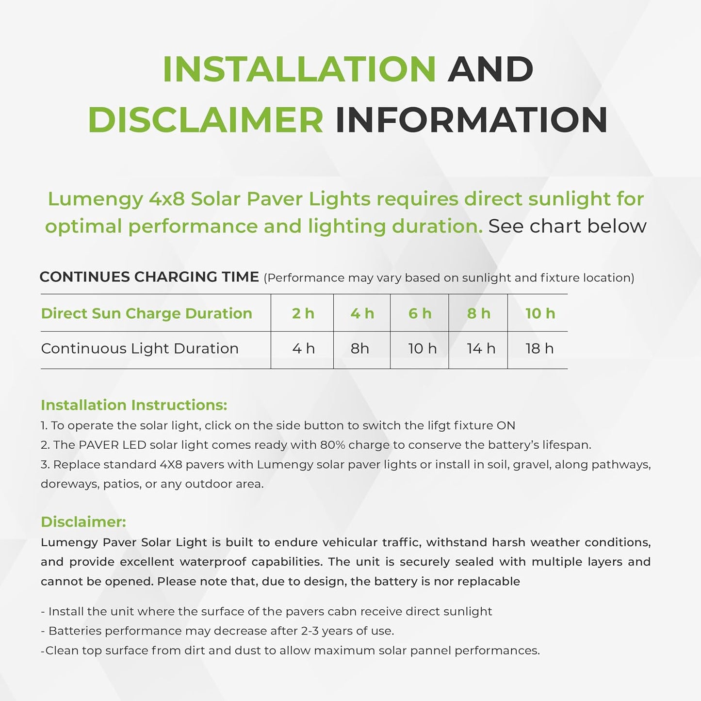 LUMENGY Solar Paver Light 4×8 inch, 2700K, Up to 18 Hours Continuous Lighting, Stainless Steel, Thick Glass, Glare-Free Illumination for Driveways, Pathways & Garden, Waterproof & Drive-Over Rated