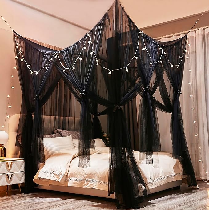 Mengersi Bed Canopy Canopy Bed Curtains with Lights- 4 Corners Post Royal Bed Drapes Mosquito Net- Elegant Bedroom Decoration Accessories for Adults(Full,Black)