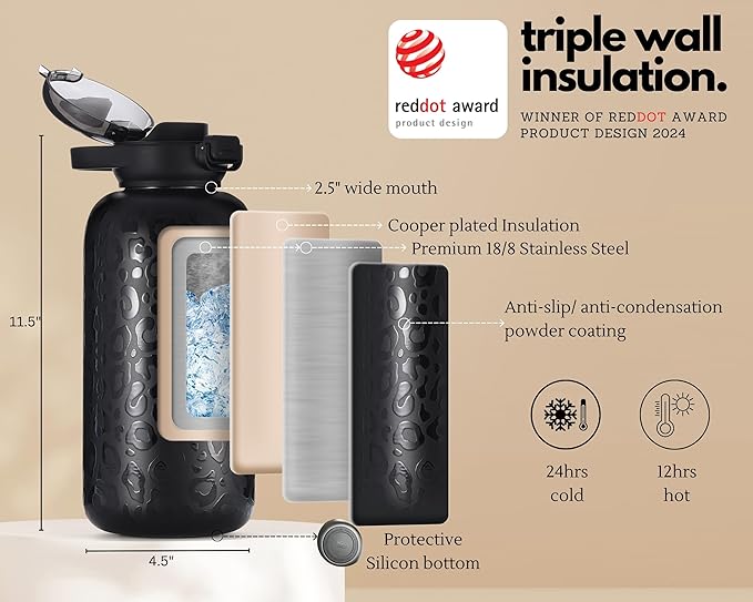 H2O Capsule Half Gallon Insulated Water Bottle With Straw - Stainless Steel Thermos Water Bottle With Sipping/Chugging Lid & Shoulder Strap For Storage - 64 oz Vacuum Flask, Hot Cold (Black Leopard)