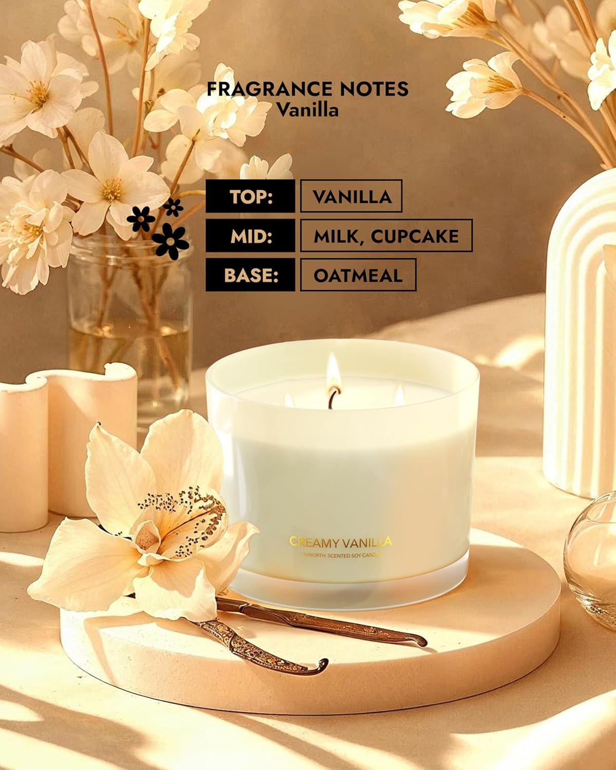 96NORTH Creamy Vanilla Scented Candles | Large 3 Wick Jar Candle | Up to 40 Hours Burning Time | 100% Natural Soy Wax | Relaxing Scented Candle for Home | Gift-Ready Luxury Candle for Men & Women
