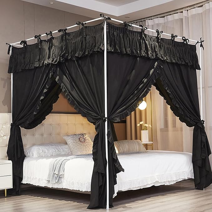 Ruffle Lace up 4 Corners Post Princess Curtain Bed Canopy Cozy Breathable Mosquito Net Cloth for Girls Adults Bedroom Decoration (Black, 59" W*82" L*82" H/Queen)