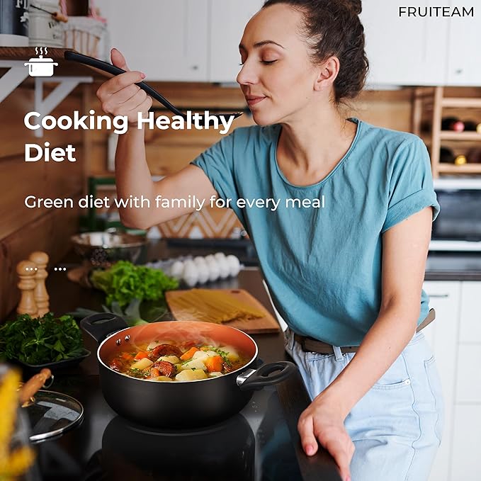 FRUITEAM 10-Piece Black Aluminum Cookware Set with Lids, Includes Soup Pot, Milk Pot and Frying Pans, Induction Gas and Electric Stovetop Compatible