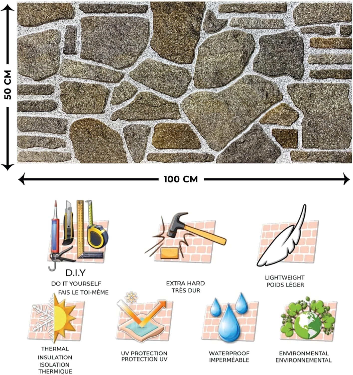 Dundee Deco 3D Wall Panels - Cladding Grey Caramel White Stone Look Wall Paneling, Styrofoam Facing for Interior and Exterior Applications, DIY, Sample, Size 10 x 10 in.