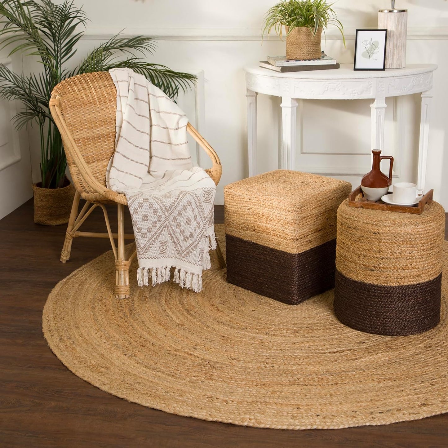 REDEARTH · Cube Pouf Foot Stool Ottoman - Jute Braided Pouffe Poof Accent Sitting Footrest for The Living Room, Bedroom, Nursery, Patio, Lounge - Set of 2 (14.5”x14.5”x16”; Natural Acorn)