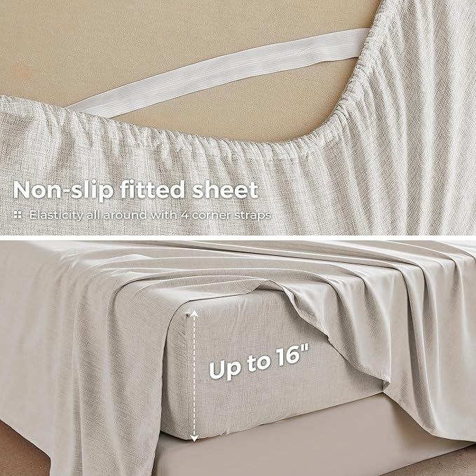 Twin Sheets Khaki, Ultral Soft Cationic Linen Look Sheets, Luxury Cooling Cozy Bed Sheet Set with Non-Slip Fitted Sheet