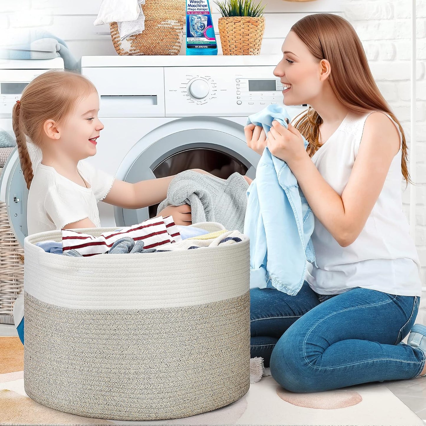 Ravinte Blanket Basket - 20"x 20"x 13" Cotton Rope Basket for Living Room, Baby Toy Storage Basket, Large Woven Laundry Basket (White-Light Brown)