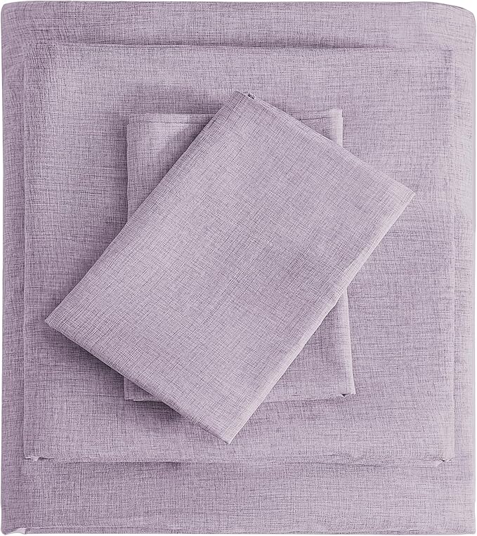 King Sheets Purple, Ultral Soft Cationic Linen Look Sheets, Luxury Cooling Cozy Bed Sheet Set with Non-Slip Fitted Sheet