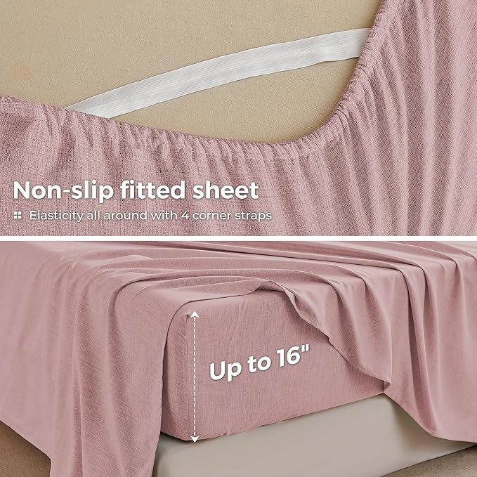 Full Sheets Wine Red, Ultral Soft Cationic Linen Look Sheets, Luxury Cooling Cozy Bed Sheet Set with Non-Slip Fitted Sheet