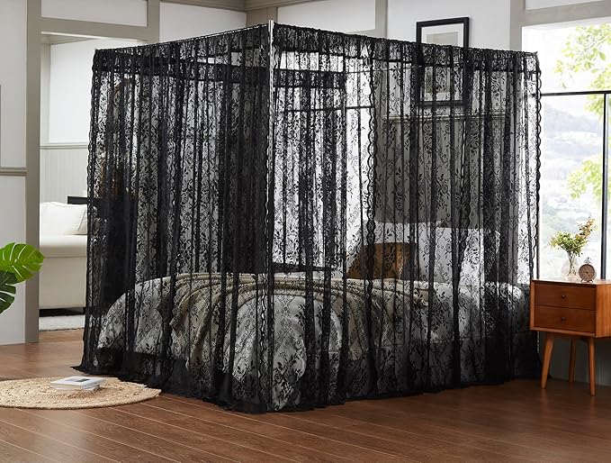 Warm Home Designs Lace Canopy Bed Curtains Set Consists of 8 48" x 78" Black Canopy Curtains with Tie-Backs. Queen Canopy Bed Curtains or King Bed Canopy Curtains for Gothic Bedroom Decor. LC Black