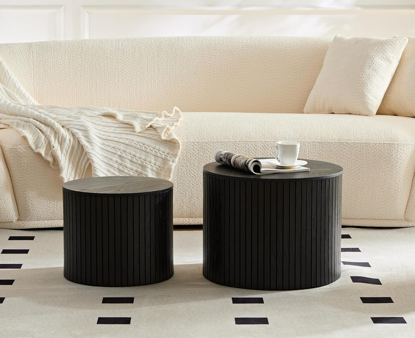 Round Nesting Coffee Table with Storage, 19.17" Modern Wooden Coffee Tables Set of 2, Circle Side Table for Small Spaces,Accent End Table for Living Room, Apartment, Office, Dorm, Black