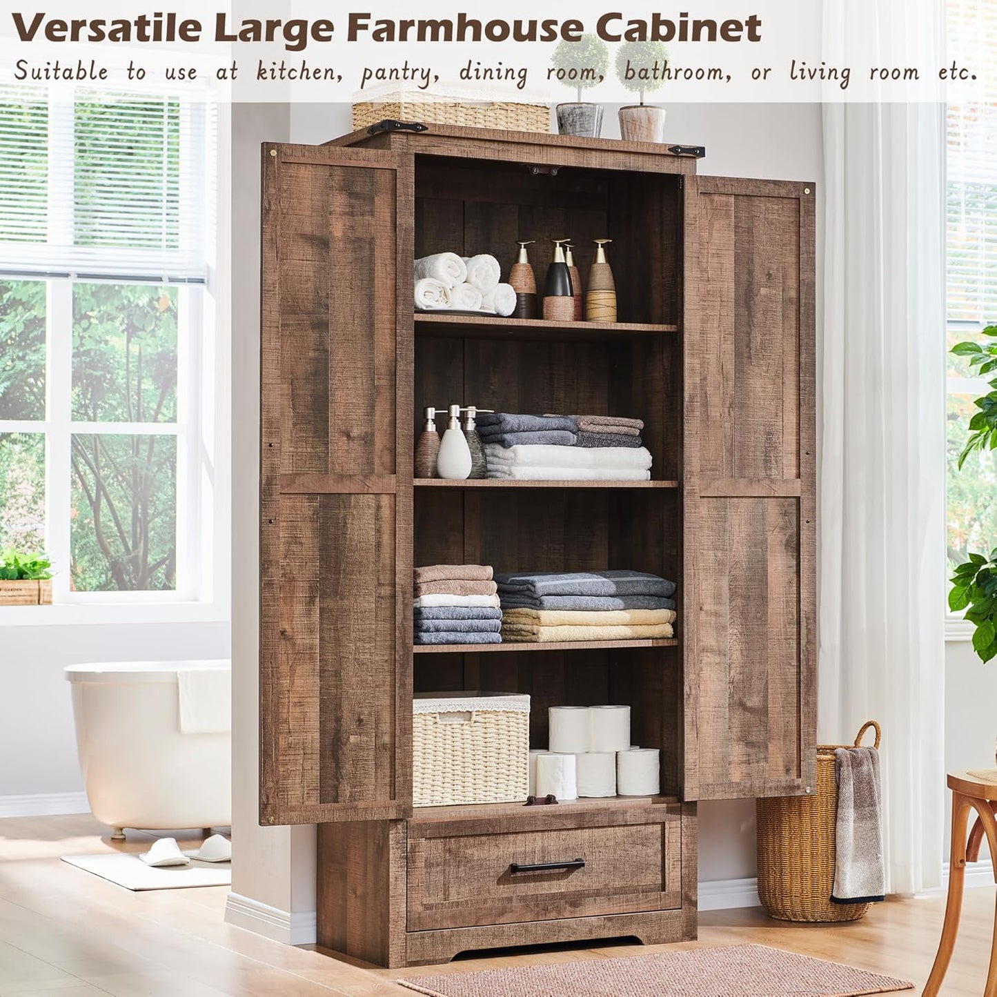 72" Tall Wood Storage Cabinet, Farmhouse Kitchen Pantry Cabinet with Adjustable Shelves & Drawer & Barn Doors, Versatile Storage for Kitchen, Dining Room, Bathroom, Light Brown