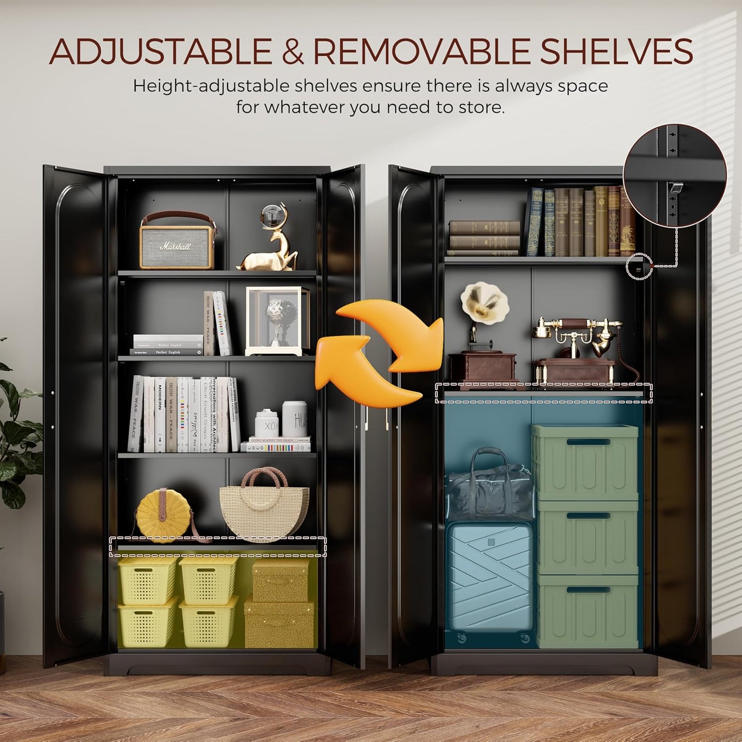 71" Tall Metal Pantry Cabinet with 4 Adjustable Shelves and Gold Handles Heavy-Duty Steel Storage for Kitchen, Dining Room or Office