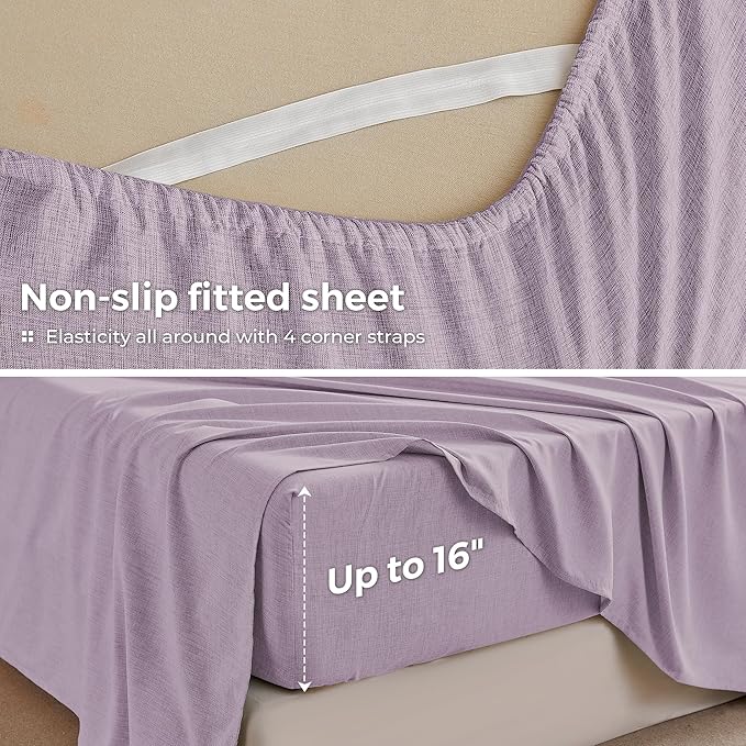 King Sheets Purple, Ultral Soft Cationic Linen Look Sheets, Luxury Cooling Cozy Bed Sheet Set with Non-Slip Fitted Sheet