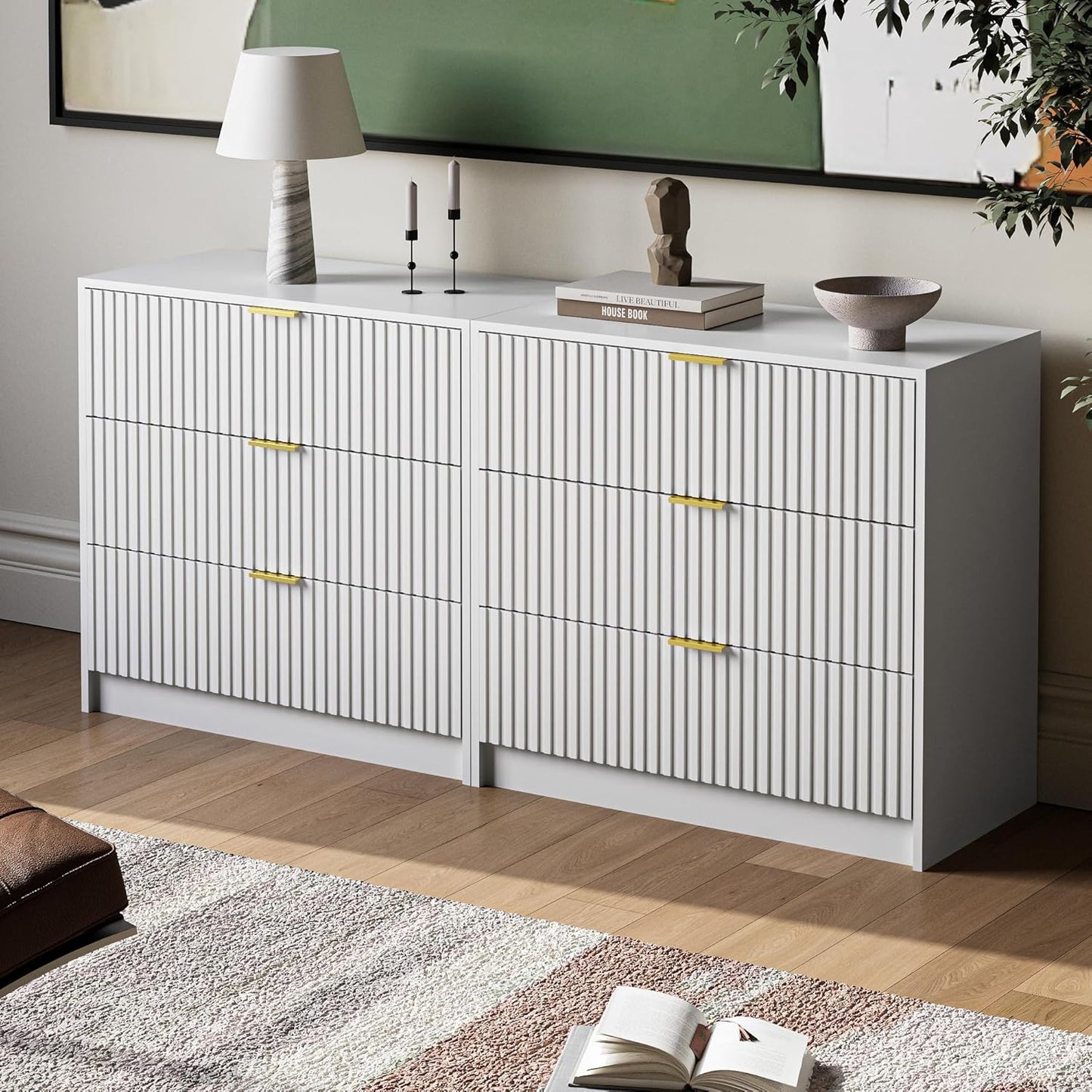 White Fluted Dresser for Bedroom, 32 Inch Wide Nightstand with Large Drawer, 3 Drawer End Table for Bedroom, Living Rooms, Offices, and Entryways