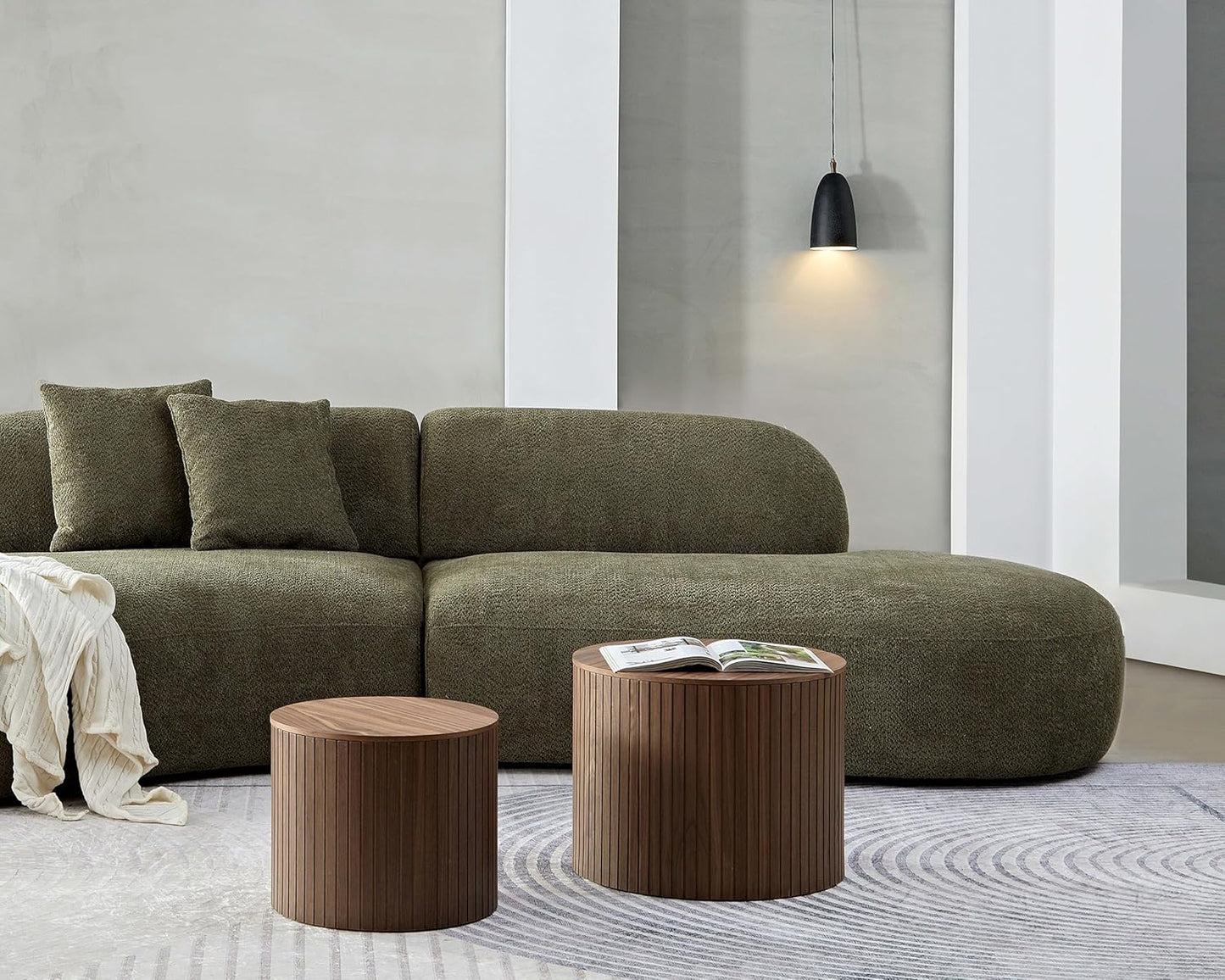Round Coffee Table with Storage,19.17" Nesting Coffee Table Set of 2, Modern Accent End Table Set for Living Room, No Assembling, Side Table for Apartment,Office,Dorm (Walnut)