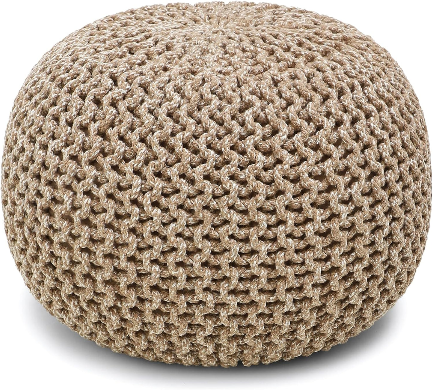 REDEARTH Round Pouf Ottoman - Hand Knitted Cable Boho Poof Home Décor Pouffe Circular Footrest for Living Room - Nursery - Bedroom - Lounge 100% Cotton (18”x18”x14”) - Beige Ivory