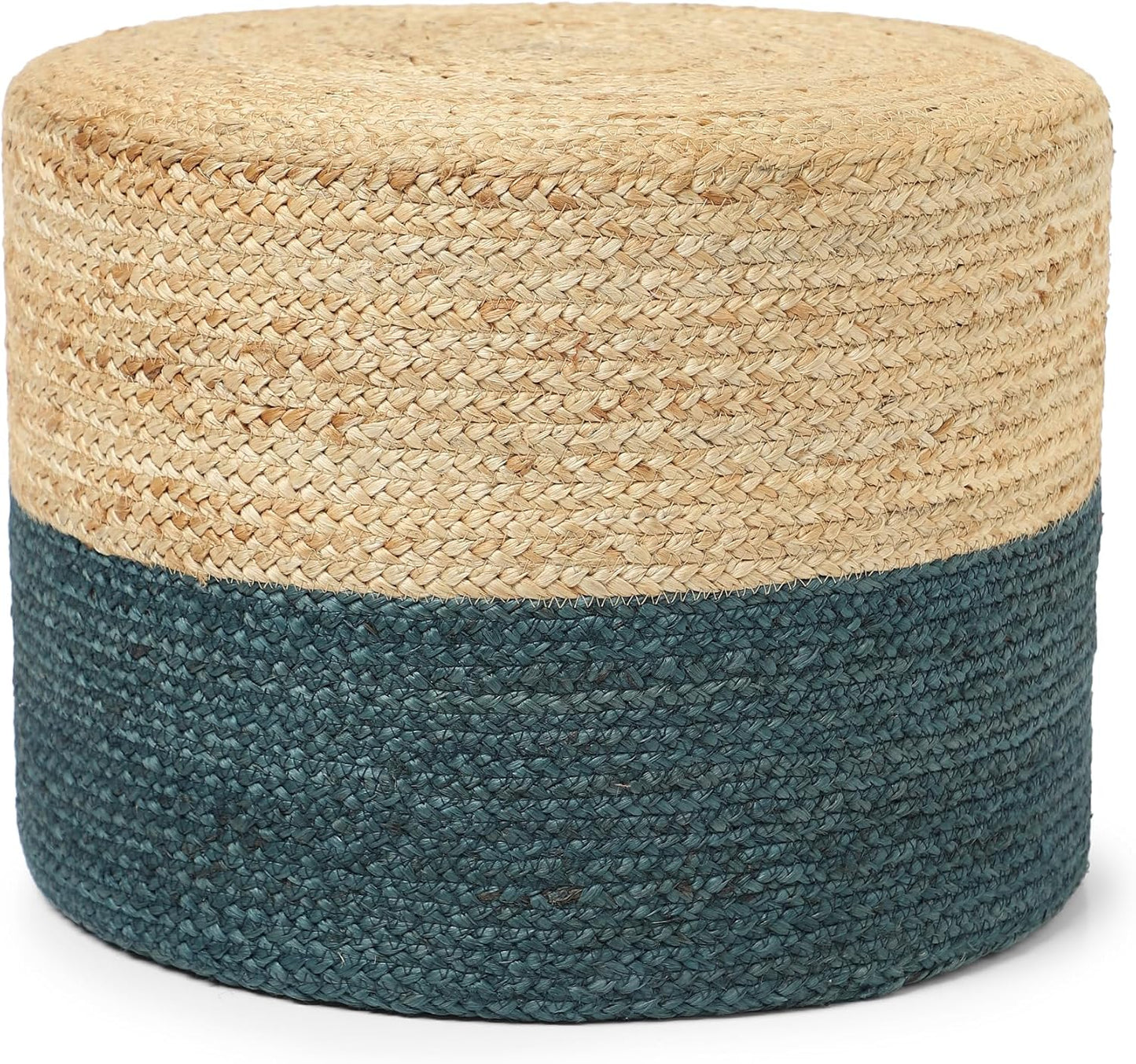 REDEARTH · Cylindrical Pouf Foot Stool Ottoman - Jute Braided Pouffe Poof Accent Sitting Footrest for Living Room, Bedroom, Nursery, Patio, Lounge & Other Rooms (Natural Teal, 18"x18"x14")