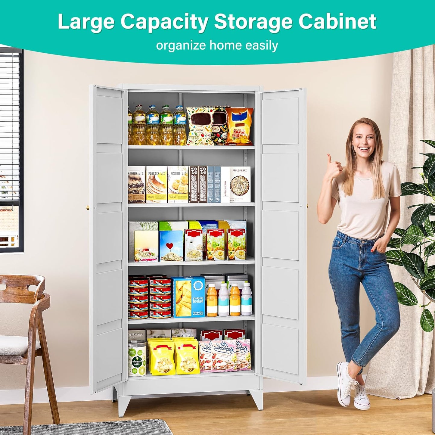 Wide & Deep Metal Storage Cabinet with 2 Doors and 5 Shelves,72 inch Tall Pantry Storage Cabinet,Large Cupboard Closet,White Cabinets for Home,Kitchen,Bathroom,Dining/Living Room