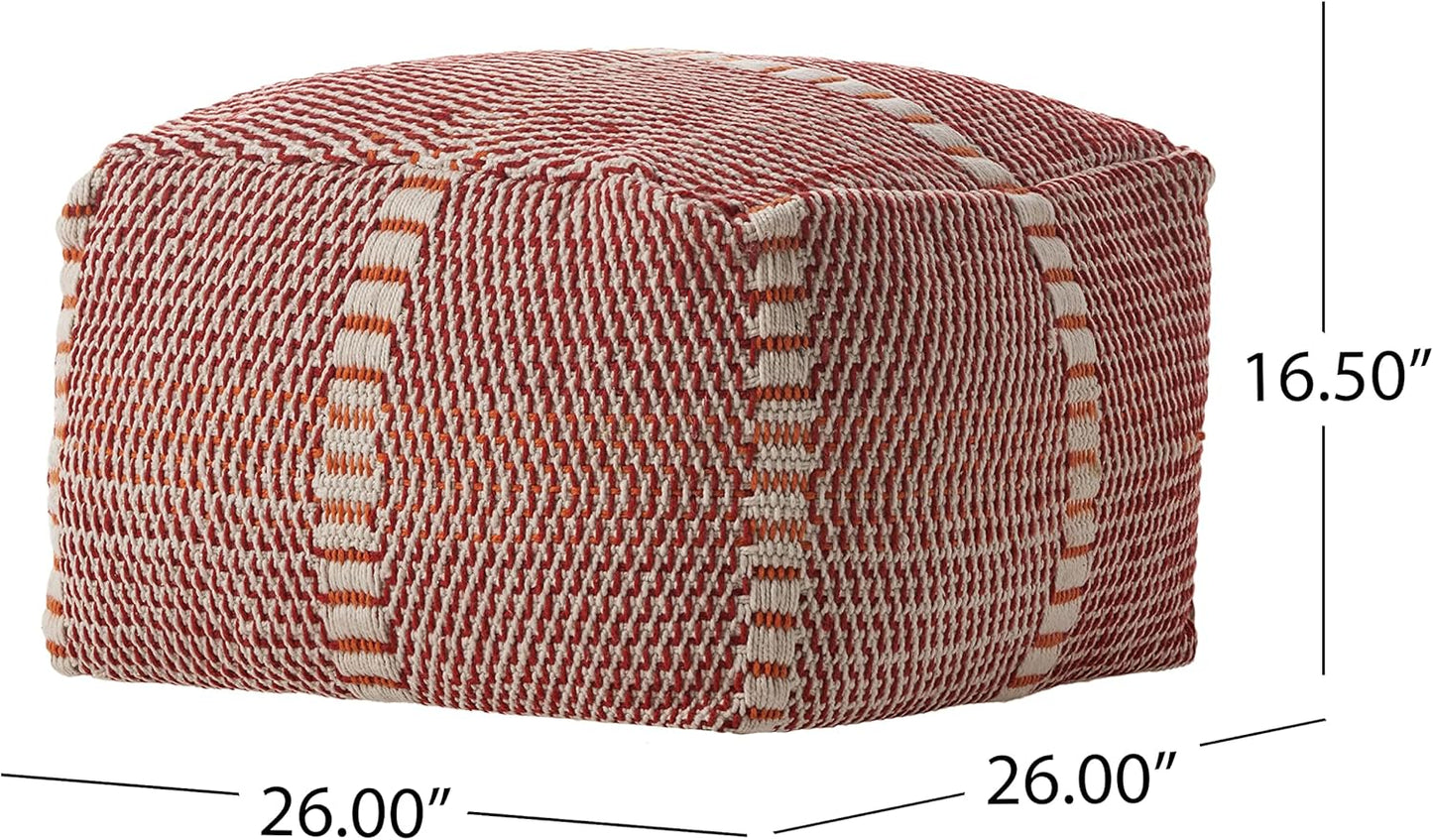 GDF Studio Indoor/Outdoor Boho Handmade Water Resistant Fabric Rectangular Pouf Ottoman Foot Stool - Bean Bag Floor Chair - Foot Rest Couch for Living Room Bedroom, Red and Orange,26" x 26" x 16.5"