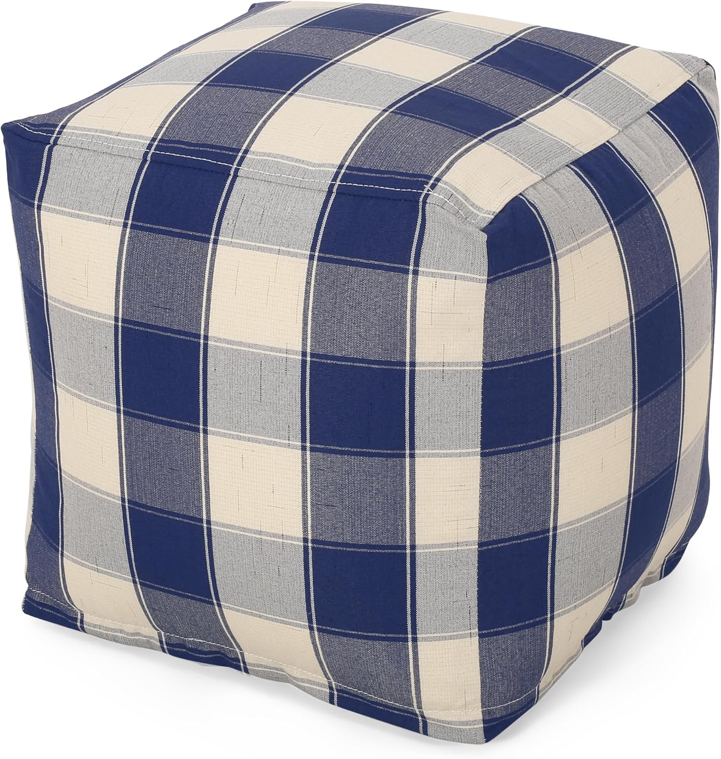 GDFStudio Modern Fabric Checkered Cube Pouf Ottoman Foot Stool - Bean Bag Floor Chair - Foot Rest Couch for Living Room Bedroom,Ivory and Navy Blue,16"" x 16"" x 16"", 313655N