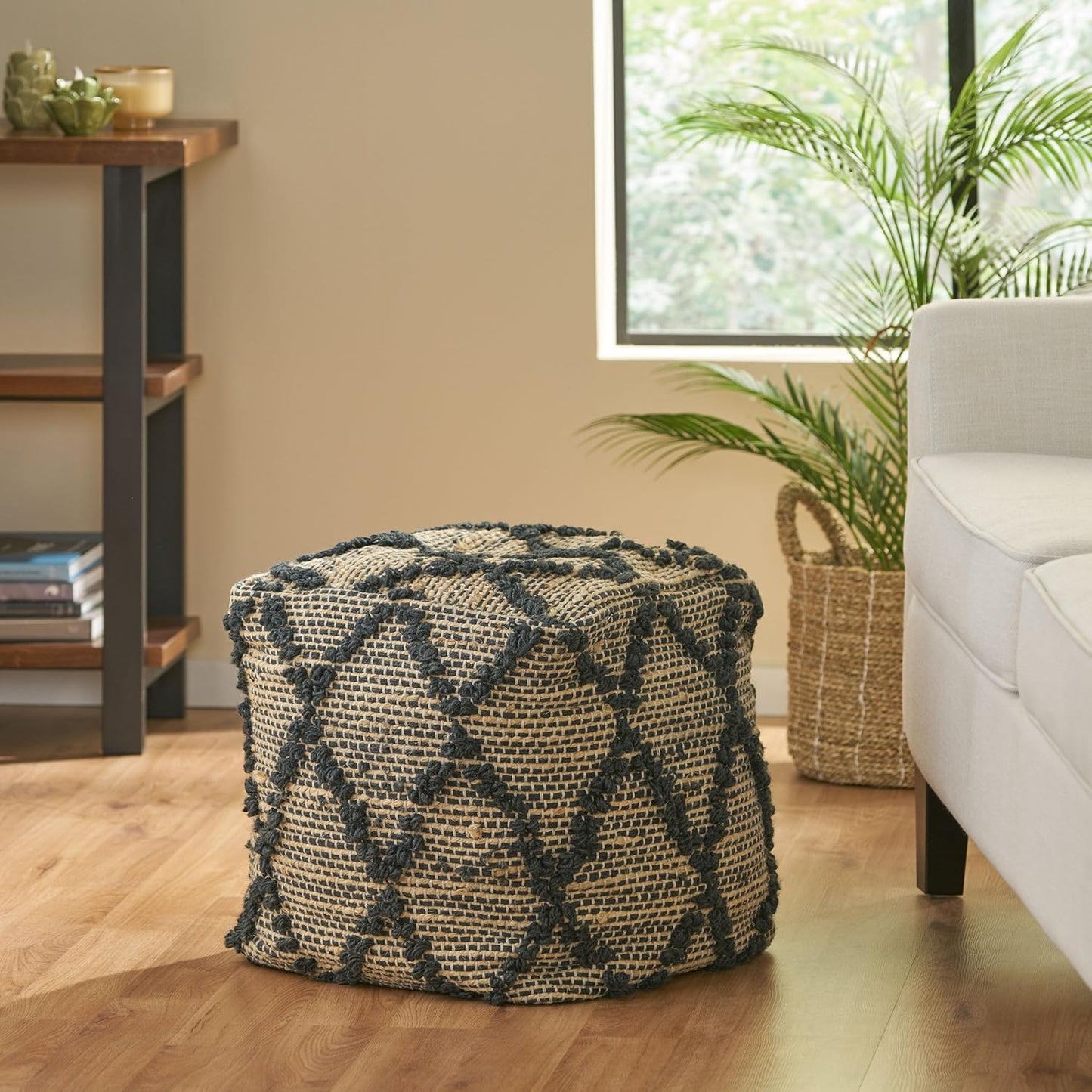 GDFStudio Boho Handmade Fabric Cube Pouf Ottoman Foot Stool - Bean Bag Floor Chair - Foot Rest Couch for Living Room Bedroom,Charcoal,16"" x 16"" x 16"", Cimarro,charcoal, 313838N