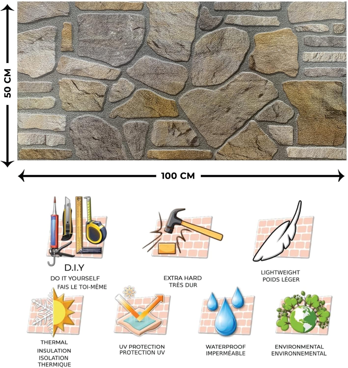 Dundee Deco 3D Wall Panels - Cladding Grey Gold Stone Look Wall Paneling, Styrofoam Facing for Interior and Exterior Applications, DIY, Sample, Size 10 x 10 in.