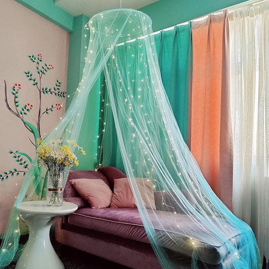 Eimilaly Bed Canopy Mosquito Net with 250pcs Warm White Curtain Lights, Bed Canopy for Girls Room Decor or Theme Party, Green/Warm White Lights