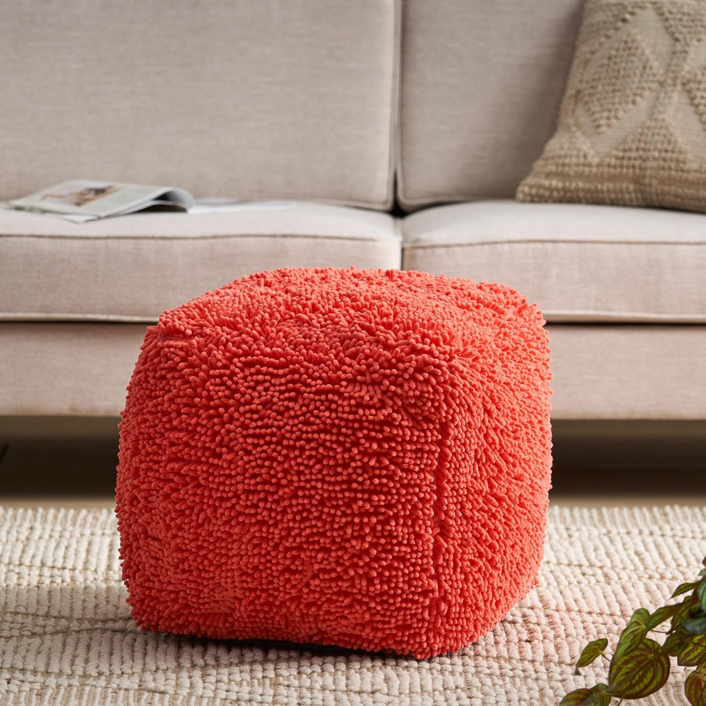 GDFStudio Modern Microfiber Chenille Cube Pouf Ottoman Foot Stool - Bean Bag Floor Chair - Foot Rest Couch for Living Room Bedroom,Coral,16"" x 16"" x 16"", Statha,coral, 314105N