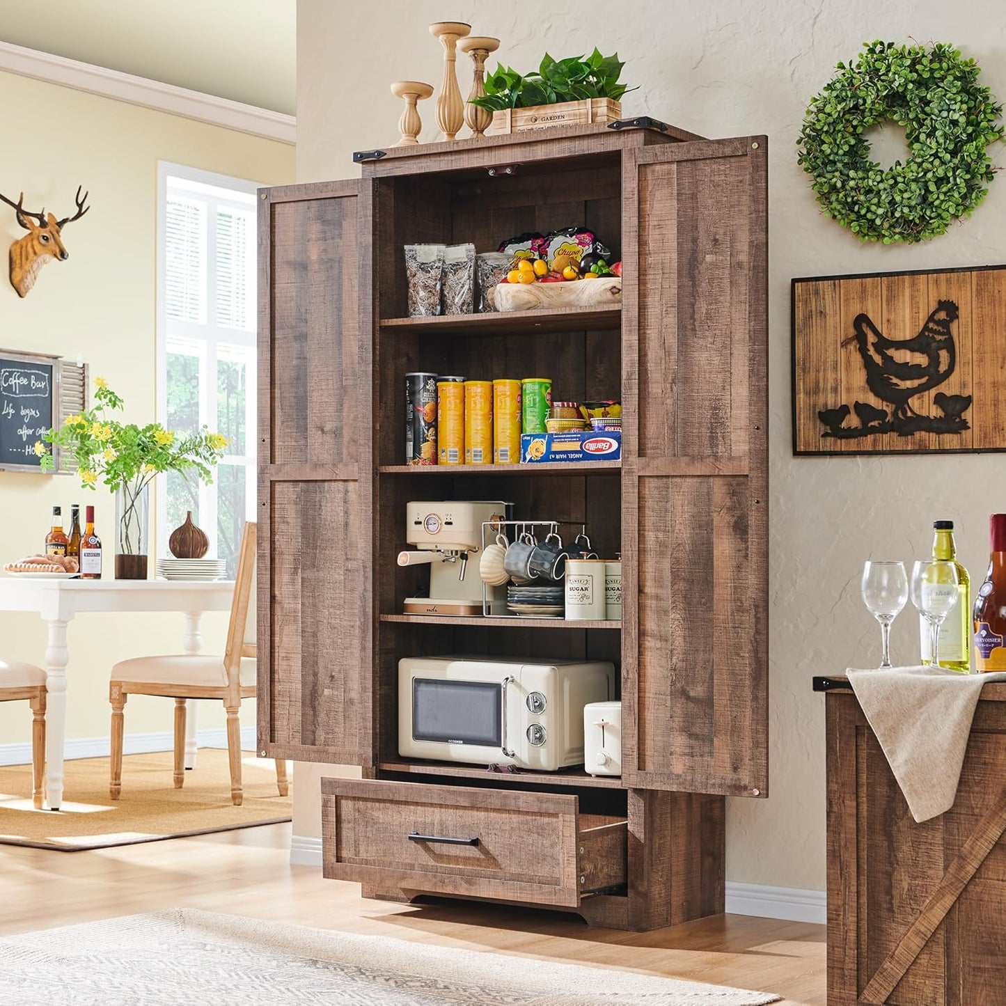 72" Tall Wood Storage Cabinet, Farmhouse Kitchen Pantry Cabinet with Adjustable Shelves & Drawer & Barn Doors, Versatile Storage for Kitchen, Dining Room, Bathroom, Light Brown