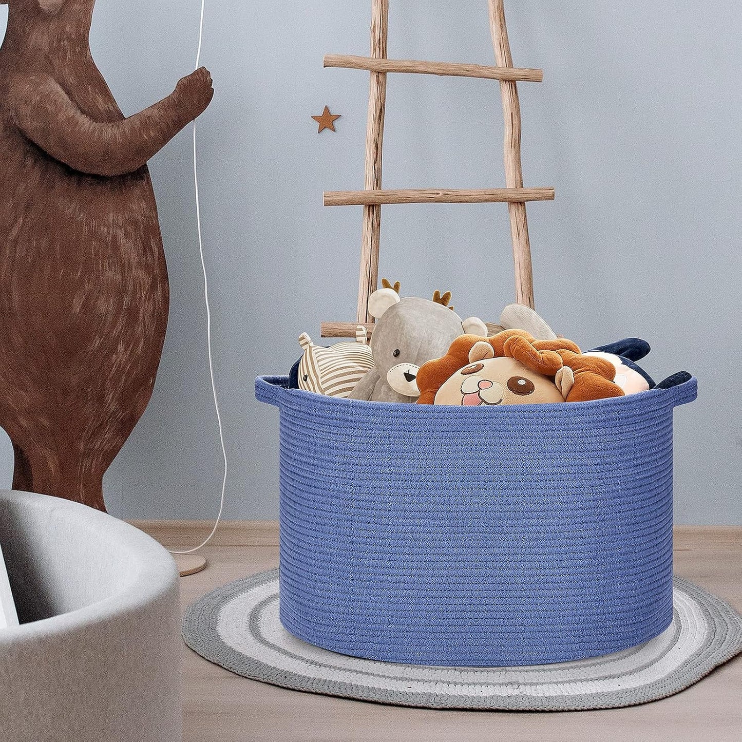 Ravinte Blanket Basket - 20"x 20"x 13" Cotton Rope Basket for Living Room, Baby Toy Storage Basket, Large Woven Laundry Basket (Blue)