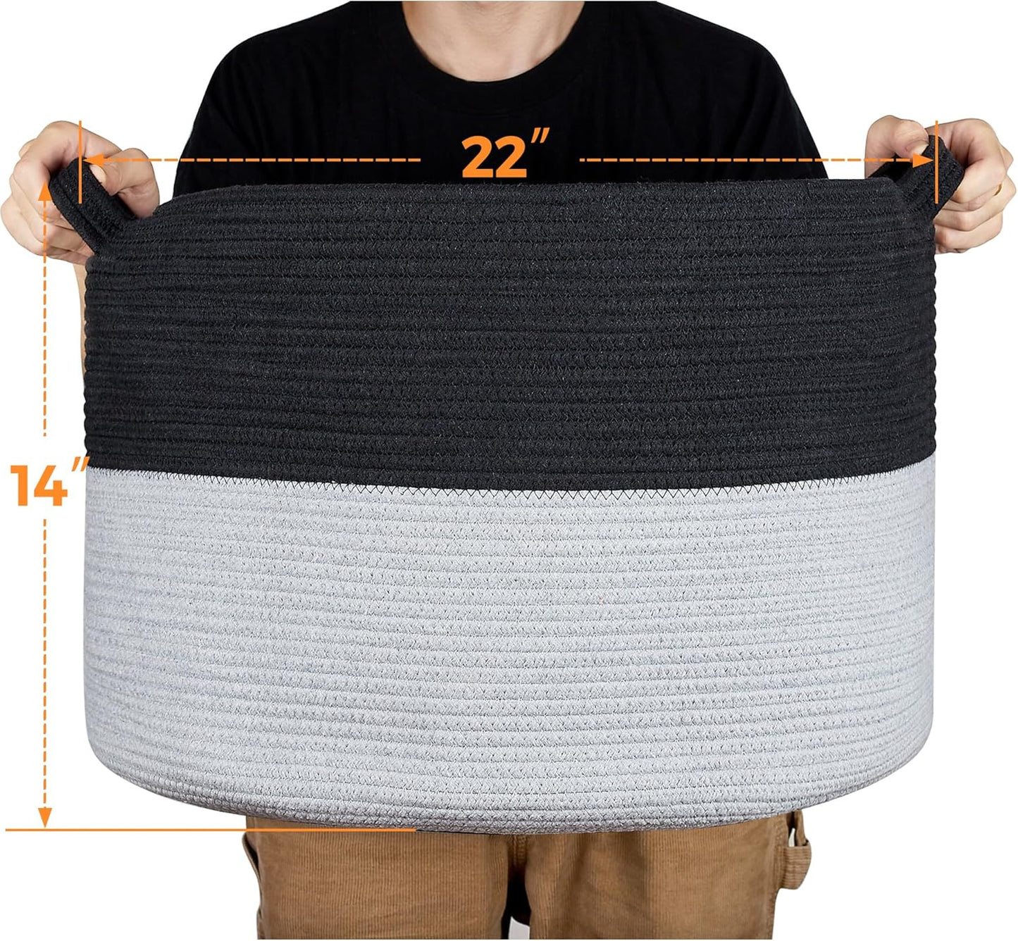 Ravinte Large Storage Basket - 22"x 22"x 14" Blanket Basket for Living Room, Baby Toy Storage Basket, Cotton Rope Basket Woven Laundry Basket (Black-Gray)