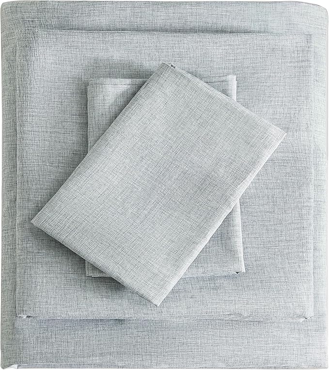 Full Sheets Blue, Ultral Soft Cationic Linen Look Sheets, Luxury Cooling Cozy Bed Sheet Set with Non-Slip Fitted Sheet